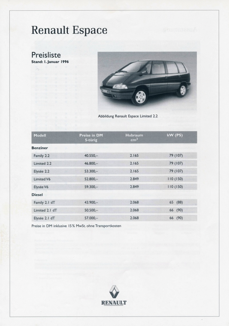 Renault Espace II 1996 Preisliste 19960101 01